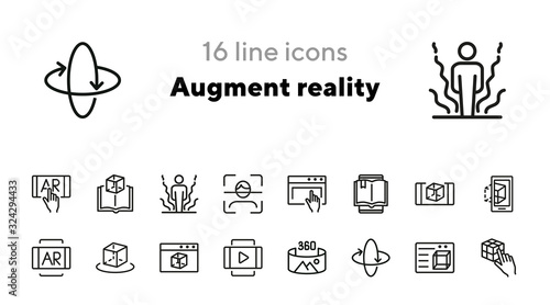 Augment reality line icon set. Holographic human, face id, book reader. Modern technology concept. Can be used for topics like 3d technology, simulation, virtual reality
