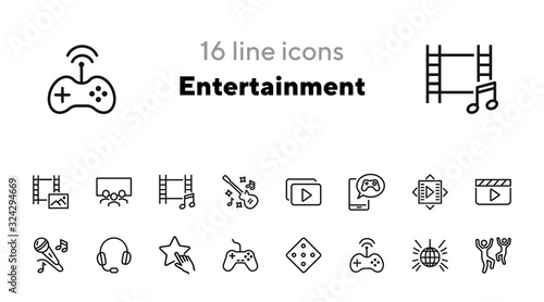 Entertainment line icon set. Dancing, karaoke, cinema, game controller. Leisure concept. Can be used for topics like fun, party, concert