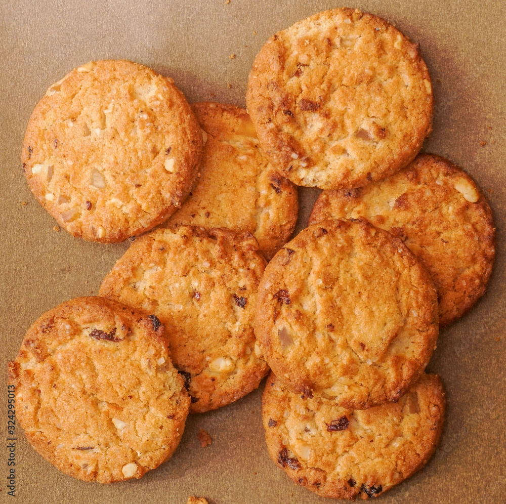 Freshly baked cookies with raisins and cashew nuts Freshly baked cookies with raisins and cashew nuts