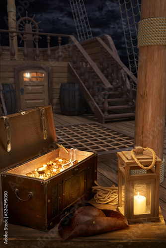 Outside of pirate old ship with treasure chest and ship lantern. Pirate boat background. 3d illustration of deck of a pirate boat. Mixed media.