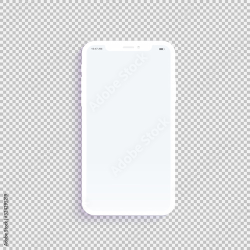 New version of mobile phone with soft white color. smartphone with blank white screen isolated on transparent background. Realistic vector mockup phone for visual ui app demonstration. - Vector