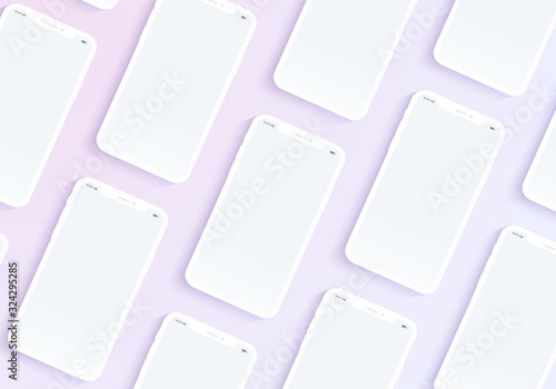 New version of mobile phone with soft white color. Smart phone with blank white screen isolated on white background. Realistic vector mockup phone for visual ui app demonstration. - Vector