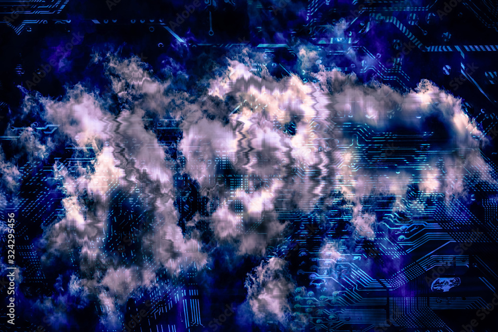 Quantum computing and cloud comluting concept. Abstract glowing electronic circuit with clouds. 3D rendered illustration.