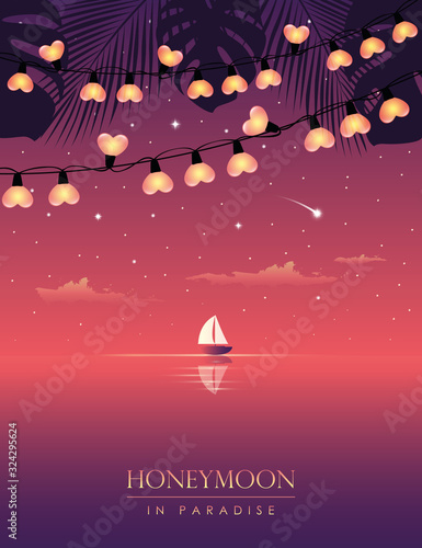 honeymoon in paradise sail boat on the sea by night with fairy light vector illustration EPS10