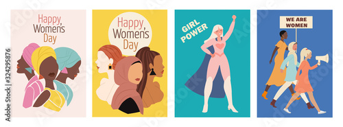 Collection of spring cards. International Women's Day. Vector illustration with women of different nationalities and cultures. The struggle for freedom, independence, equality. 