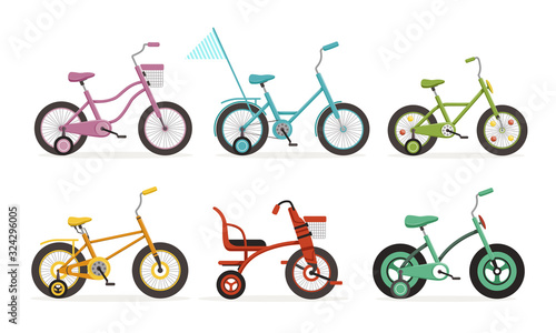 Kids Bicycles Collection, Childrens Bikes Vector Illustration on White Background