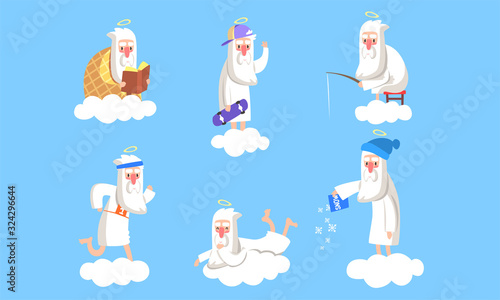 Elderly Male Angel Character in Different Situations Collection, Activity of Holy Old Man on Heaven Vector Illustration