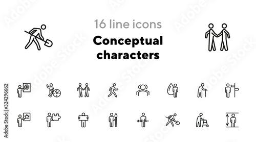 Conceptual characters line icon set. Digger, old man with cane, artist. People concept. Can be used for topics like age, occupation, job