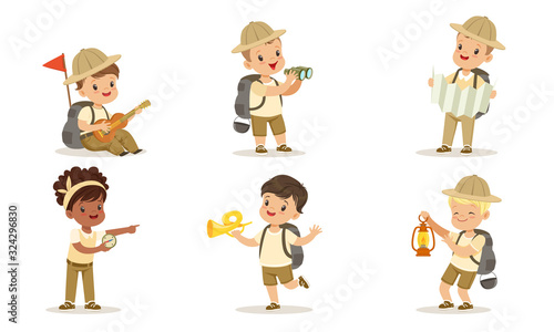 Collection of Kids Scouts Camping, Cute Boys and Girls in Uniform with Hiking Equipment Vector Illustration on White Background