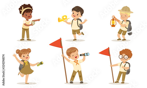 Collection of Kids Scouts Camping, Cute Boys and Girls with Hiking Equipment Vector Illustration on White Background