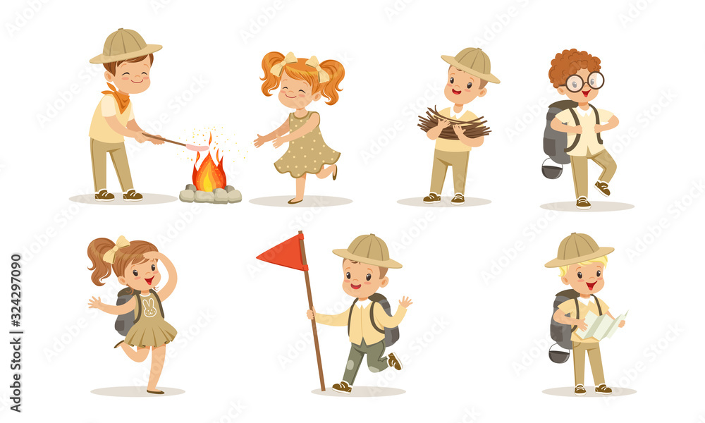 Collection of Kids Scouts Camping, Cute Boys and Girls Walking with Hiking Equipment Vector Illustration on White Background Collection of Kids Scouts Camping, Cute Boys and Girls Walking with Hiking Equipment Vector Illustration on White Background