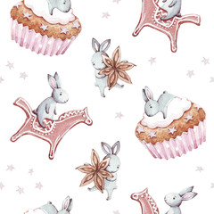 Crédence de cuisine Aquarelle ensemble 1 patrons Cute bunny. Hand drawn watercolor seamless pattern with rabbit cartoon animals, birthday cake, anise, gingerbread and star. Celebration and christmas concept. Children party background.Vintage texture  © BloomPix
