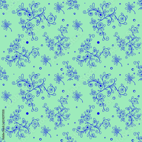 cute blue curls of branches and leaves vector illustration seamless pattern on a turquoise background