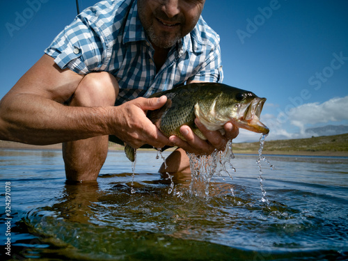 Fototapeta Naklejka Na Ścianę i Meble -  Pregnant Bass fishing on beautiful lake in South Africa closeup shot with lure