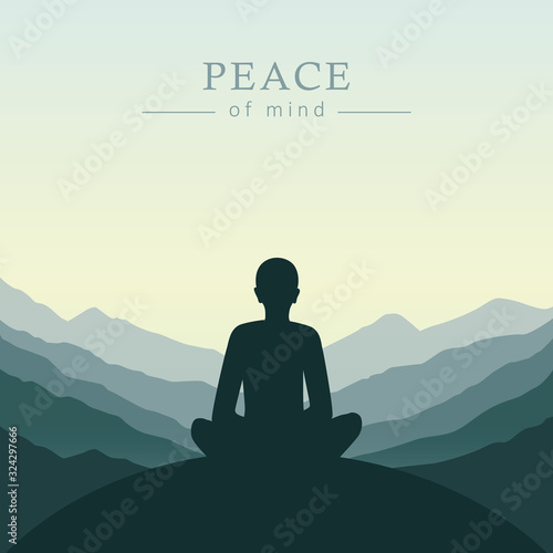 peace of mind meditation concept silhouette with mountain background vector illustration EPS10