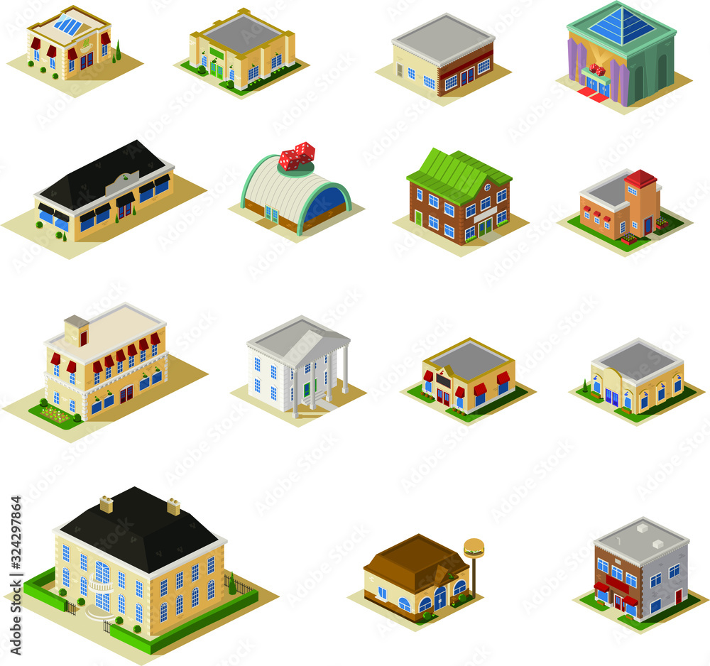 An assortment of vector isometric buildings 