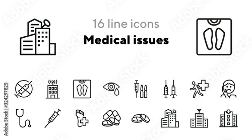 Medical issues line icon set. Hospital, injection, pills, toothache. Medicine concept. Can be used for topics like healthcare, emergency, first aid, urgent help photo