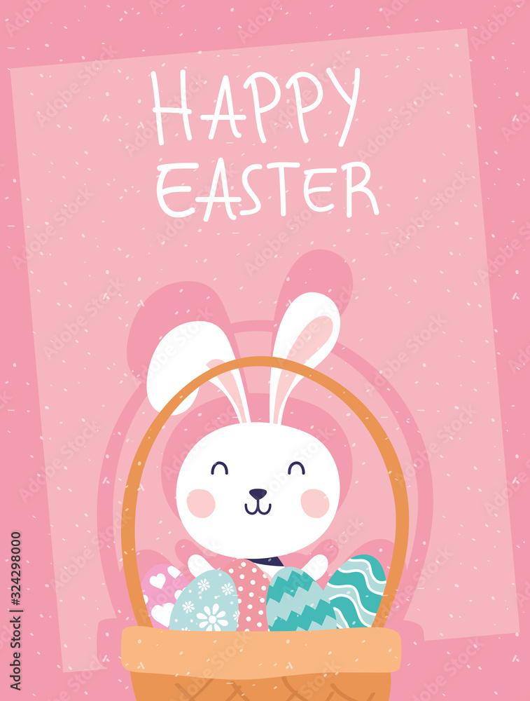 happy easter celebration card with rabbit and eggs painted in basket