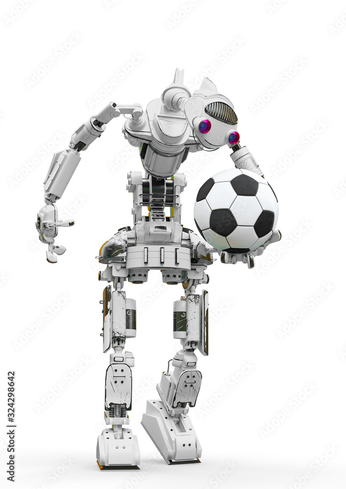 friendly robot is holding a football ball in white background friendly robot is holding a football ball in white background