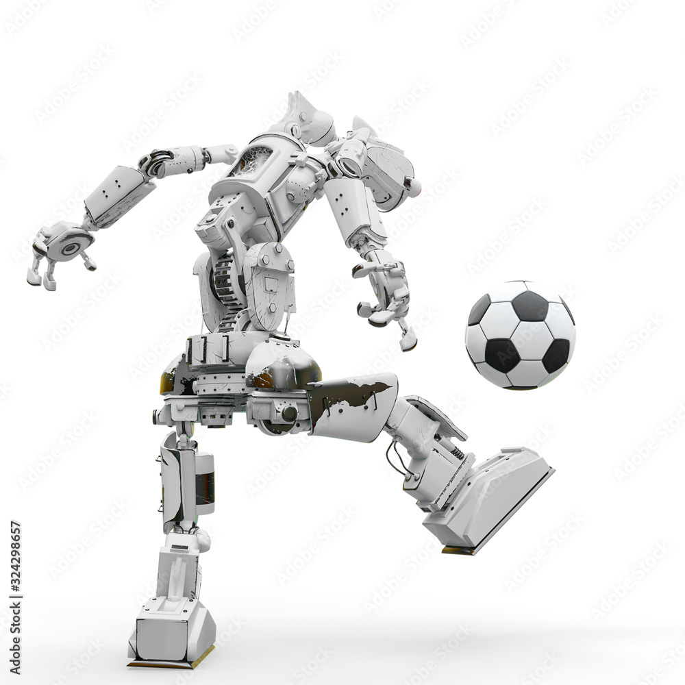 friendly robot is playing football in white background rear view friendly robot is playing football in white background rear view