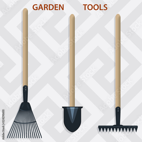 Set of gardening tools - realistic forks, rakes, shovel - vector. Spring summer work on a plot of land. Household goods