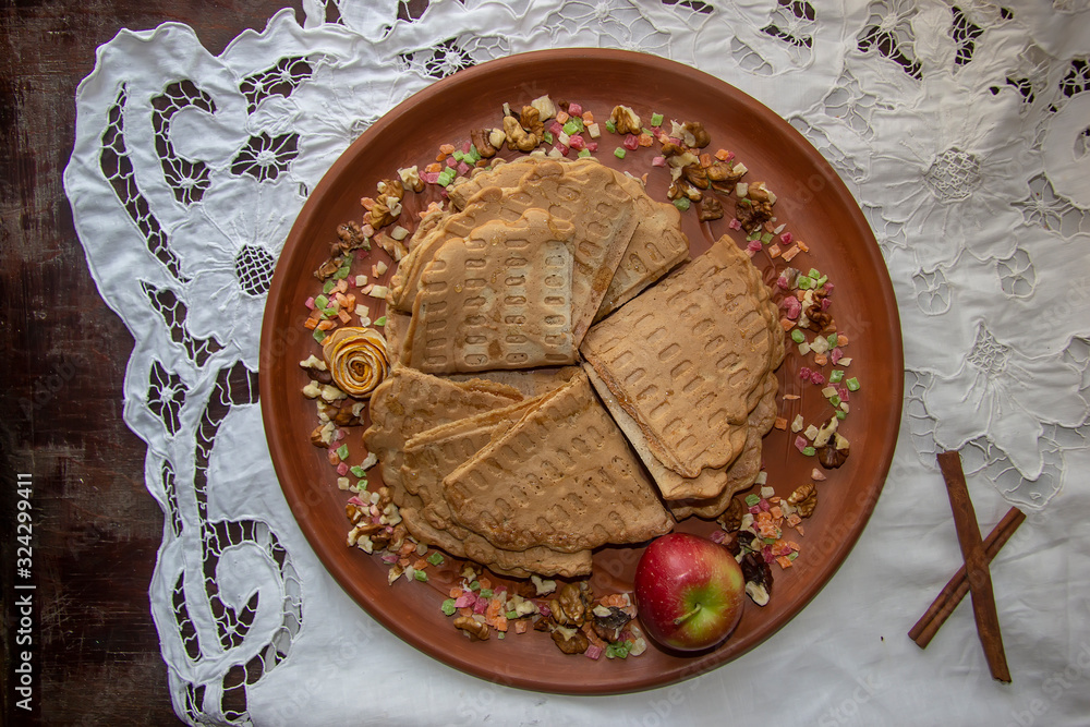 vegan nut-apple waffles with honey