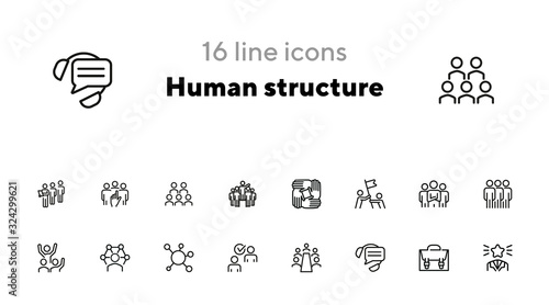Human structure. Set of line icons on white background. Atom, union, idea. Social concept. Vector illustration can be used for topics like science, business, career