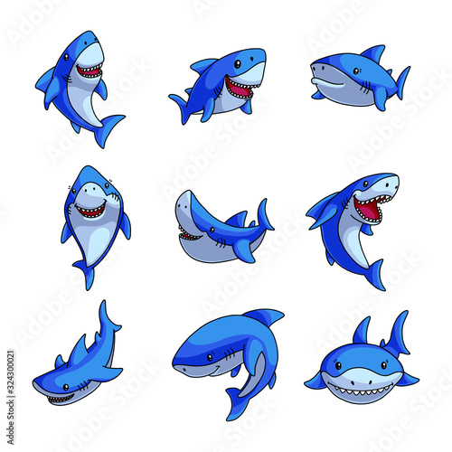 Set of colorful blue shark in different comic poses