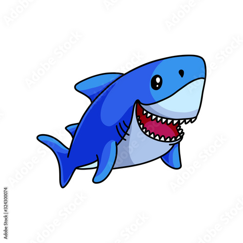 Cute blue shark swimming in deep ocean and smile