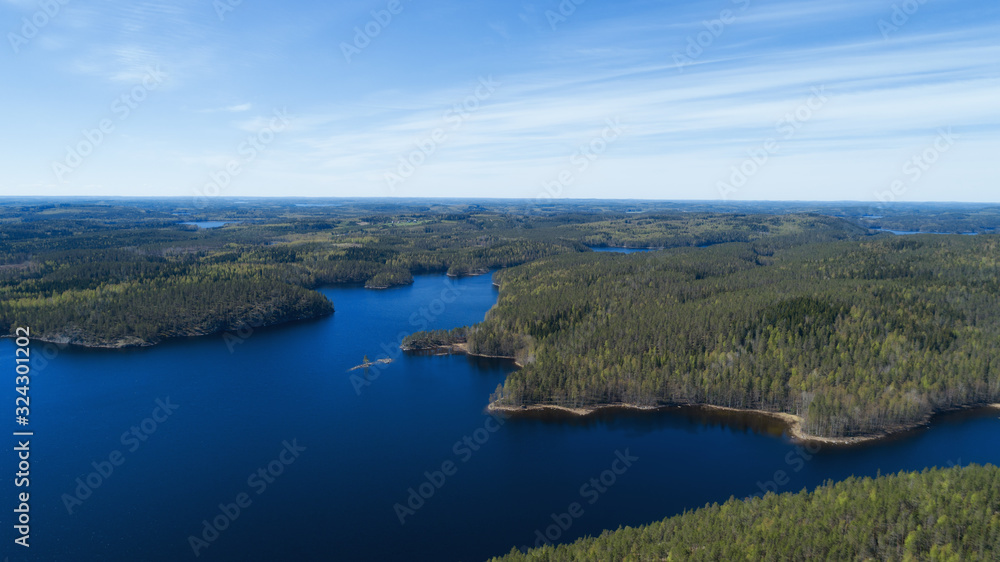 Obraz premium Landscape of Saimaa lake at spring from above, Finland