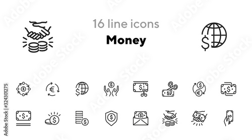Money icon. Set of line icons on white background. Exchange rate, buying, credit card. Payment concept. Vector illustration can be used for topics like business, finance, economy
