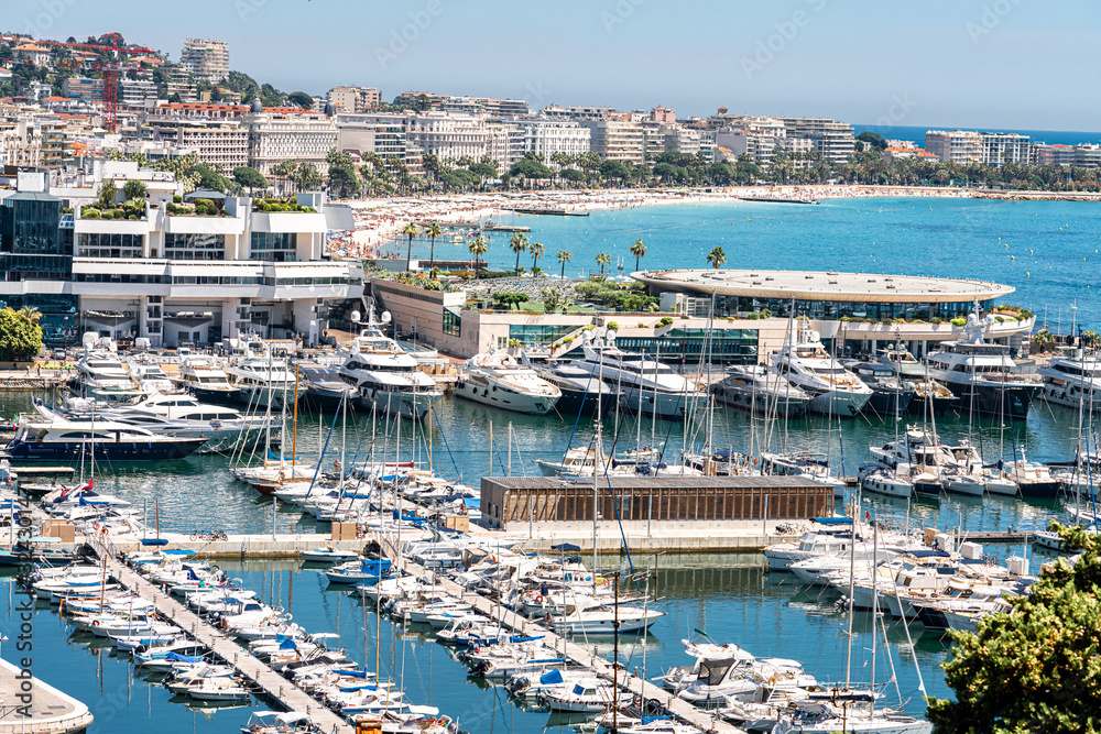 Aerial View Of Luxurious Yachts And Boats In Cannes Harbor Port At Mediterranean Sea