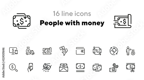People with money line icon set. Set of line icons on white background. Money concept. Finance, banknotes, business. Vector illustration can be used for topics like economy, banking, business
