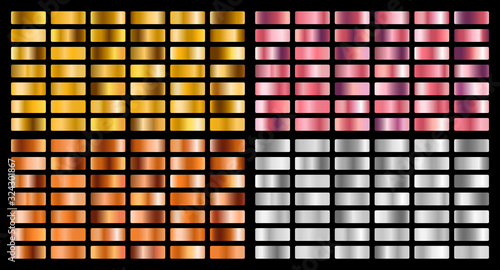 Gold, Silver, pink, orange metal gradient collection and gold foil texture set. Shiny vector sillustration for posters, brochure, invitation, wallpaper, flyers, banners.