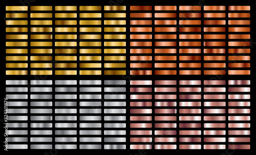 Gold, Silver, pink, orange metal gradient collection and gold foil texture set. Shiny vector sillustration for posters, brochure, invitation, wallpaper, flyers, banners.