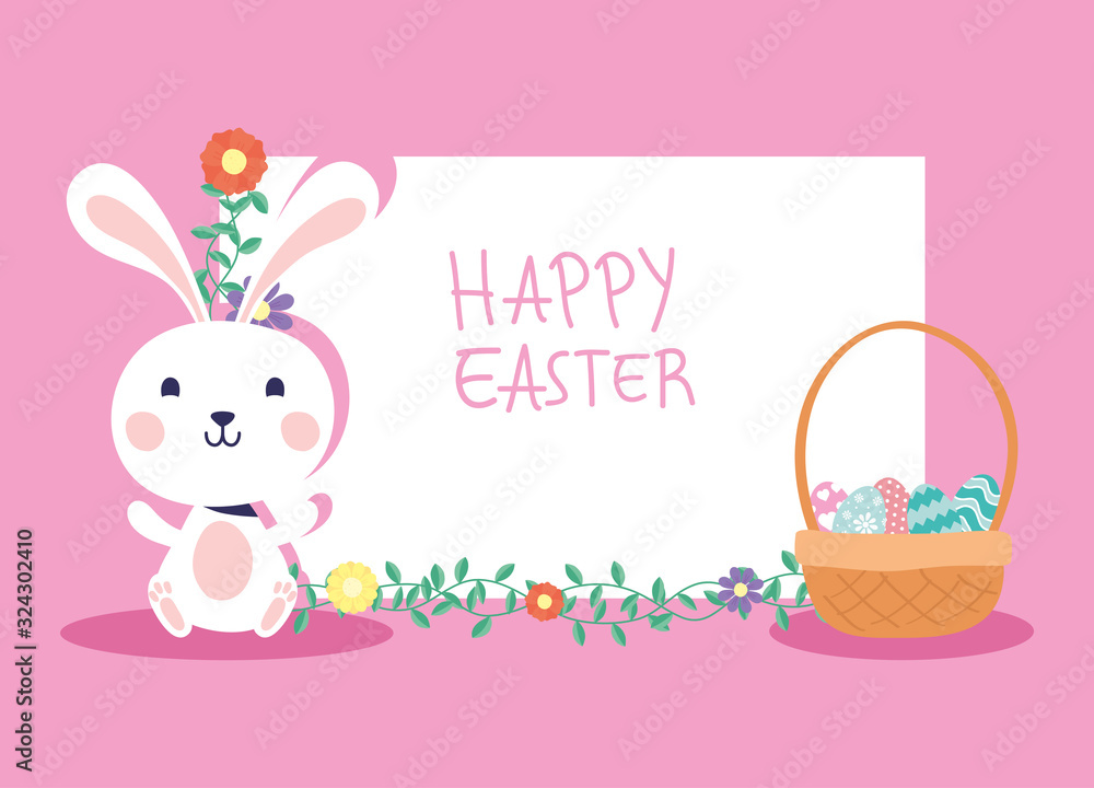 happy easter celebration card with rabbit and eggs painted in basket