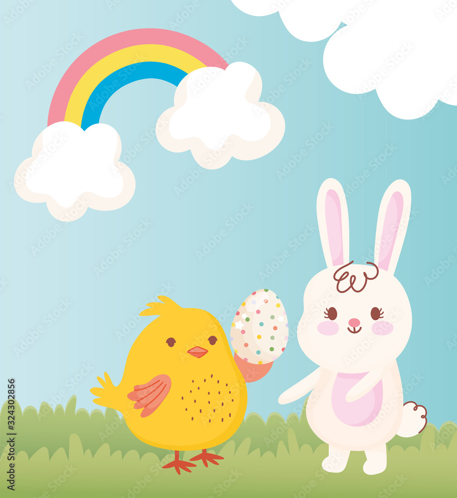 Obraz premium happy easter chicken with egg and rabbit grass rainbow decoration