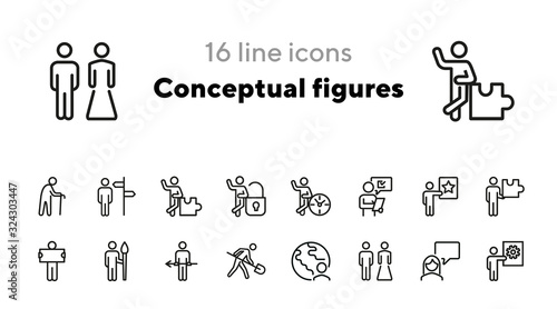 Conceptual figures line icon set. Different action, old man, artist, groom and bride. People concept. Can be used for topics like marketing research, job, occupation, age