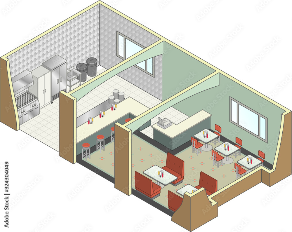 A vector isometric cutaway of a restaurant floor plan A vector isometric cutaway of a restaurant floor plan