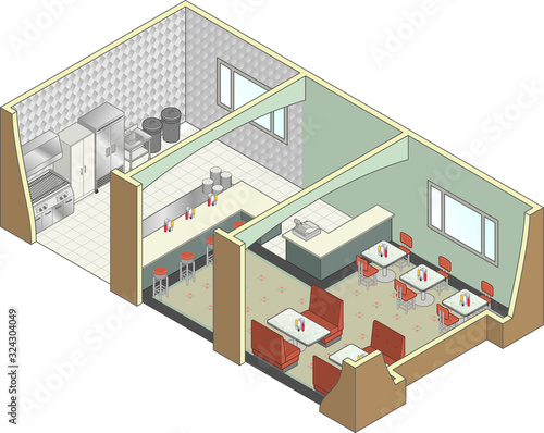 A vector isometric cutaway of a restaurant floor plan