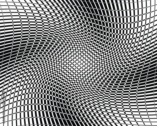 Abstract background with optical illusion wave. Black and white horizontal lines with wavy distortion effect for prints, web pages, template, posters, monochrome backgrounds and pattern