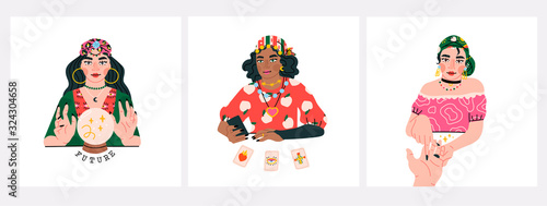 Beauty Fortune tellers. Gypsy oracle. Mystic ladies. Women are telling the future by seeing the hand, crystal ball and cards. Set of three Hand drawn vector trendy illustrations