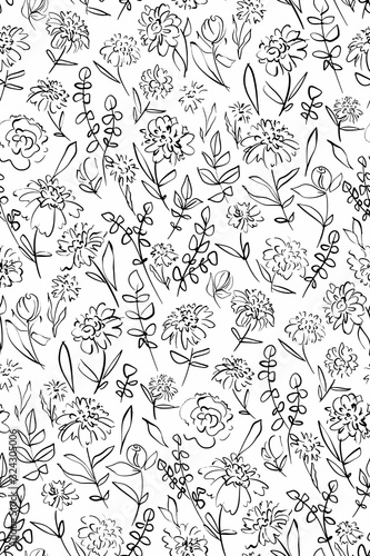Floral seamless background pattern. Black and white flowers hand drawn, vector. Line art. Spring summer season. Fabric swatch, textile design,wrapping, paper © Elena