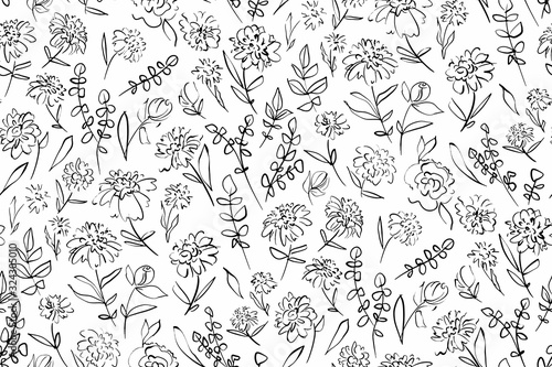 Floral seamless background pattern. Black and white flowers hand drawn, vector. Line art. Spring summer season. Fabric swatch, textile design,wrapping, paper © Elena