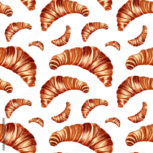 watercolor illustration. hand painted. Croissant seamless pattern on a white background.