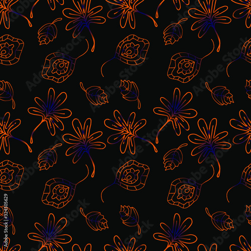 blue-orange leaves seamless pattern vector illustration on black background