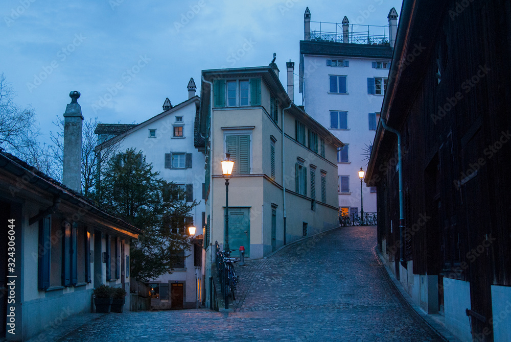 The streets of the night city. Zurich, Switzerland.