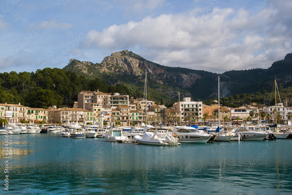 Landscape of Mallorca. Sea, marina, houses, mountains. Mallorca, Spain.