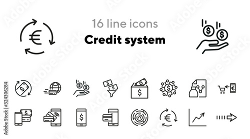 Credit system icons. Set of line icons. Mobile banking app, money diversification, money transfer. Finance concept. Vector illustration can be used for topics like finance, business, banking