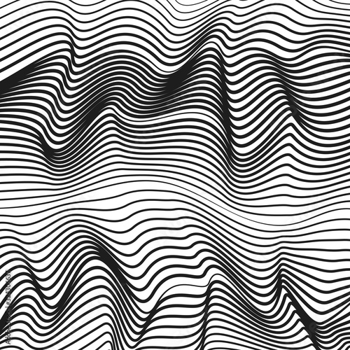 Black and white rippled surface. Vector squiggle, subtle curves. Abstract background. Monochrome waves. Striped waving pattern. Technology line art design. Optical illusion. EPS10 illustration